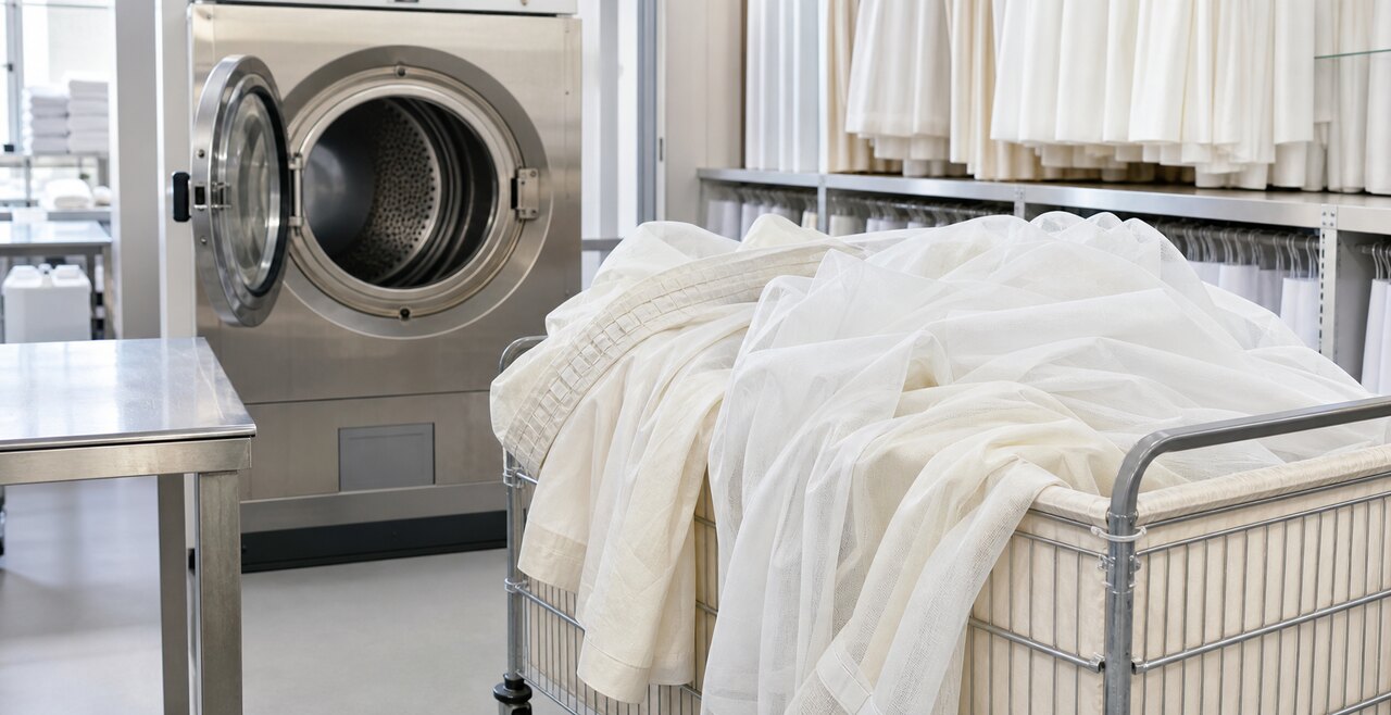 Wäschekorb mit Gardinen vor einer Waschmaschine